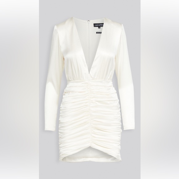 NWT RETROFETE Brea Satin Silk Deep V Plunge Ruched Ivory Dress, Sz M - Picture 4 of 11